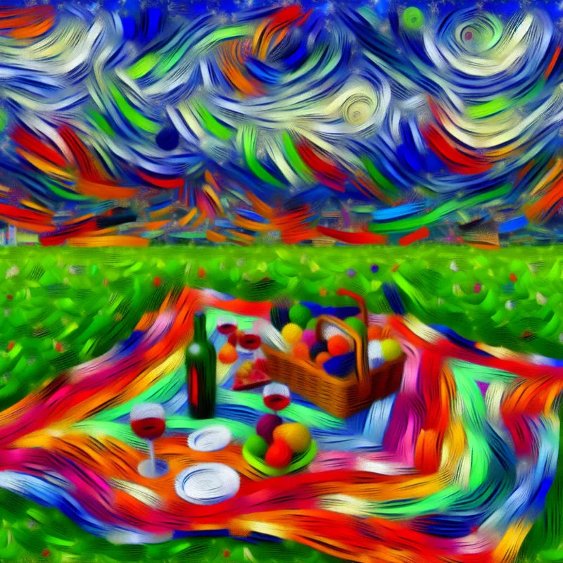 Abstracte schildering van een levendige picknick op een groene grasveld, met een kleurrijke deken en diverse picknickspullen zoals fruit en wijn glazen.
