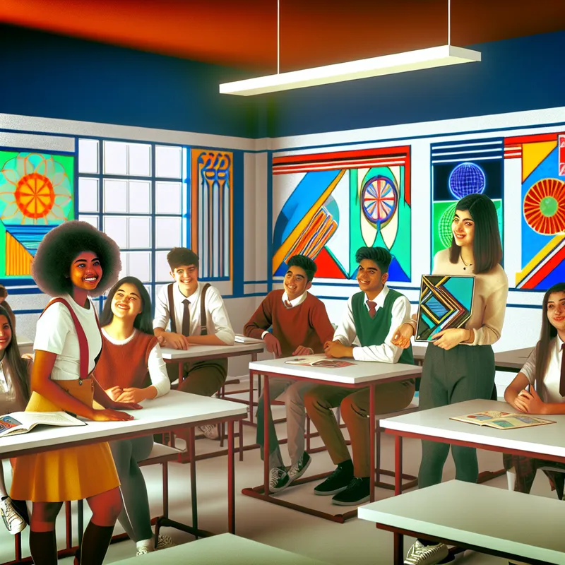 Illustratie van een groep diverse tienerstudenten in een moderne klas, die samenwerken aan projecten.