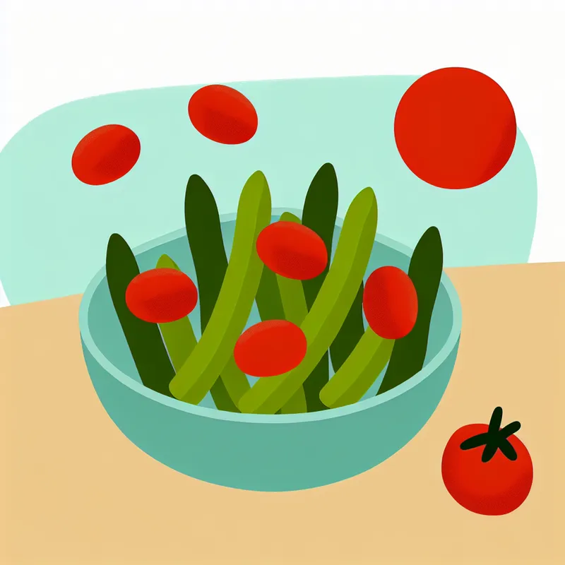 Minimalistische illustratie van een salade met groene bonen en rode tomaten, met een speelse en kleurrijke stijl
