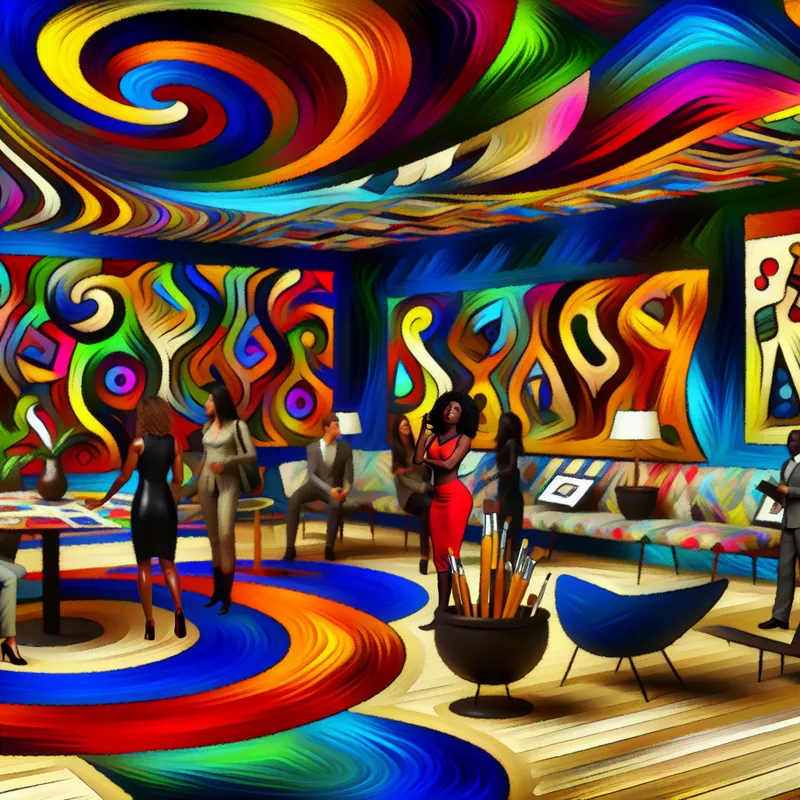 Een levendige en chaotische scène in een modern abstract kunstgalerie met kleurrijke vormen en figuren.