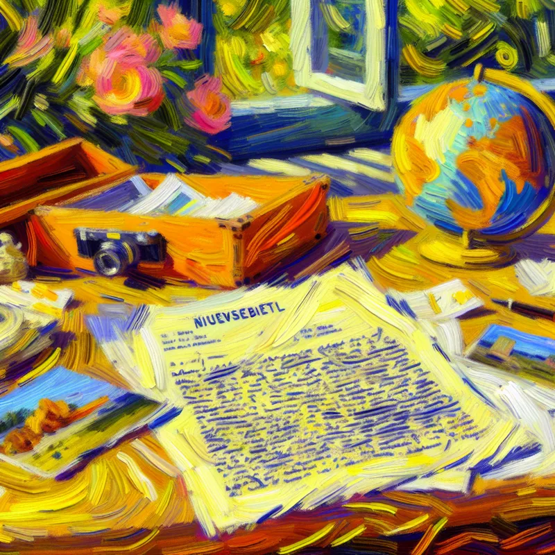 Een houten bureau met een open brief getiteld 'Nieuwsbericht', omringd door reisherinneringen en een globe, onder een zonlicht raam met bloeiende bloemen.