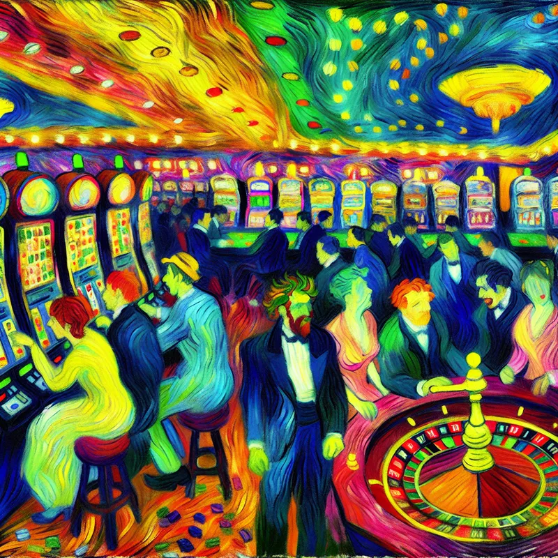 Drukke casino vloer met verschillende spelers bij gokkasten en een roulette tafel, in Van Gogh-stijl