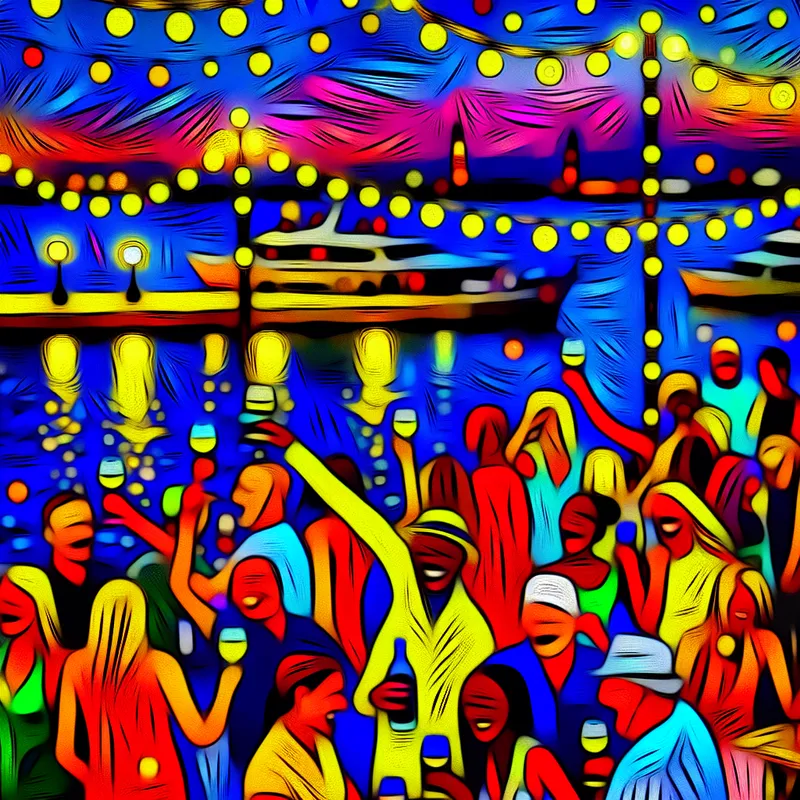 Drukke sfeer in een levendige waterfront bar met lachende vrienden, kleurrijke versieringen en fairy lights.