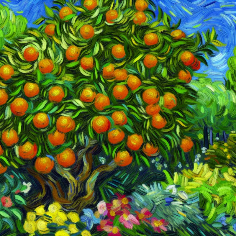 Een levendige sinaasappelboom in volle bloei, omringd door kleurrijke bloemen en groen onder een heldere blauwe lucht.