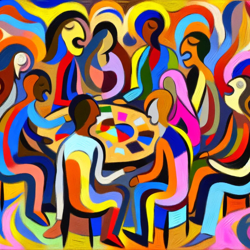 Abstract kunstwerk geïnspireerd door Karel Appel, dat een levendige sociale cirkel van vrienden afbeeldt met kleurrijke figuren die samen lachen en ideeën delen.