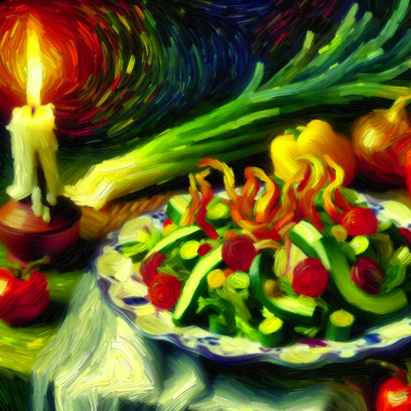 Vibrante stilleven van een salade op een porseleinen bord, omgeven door kleurrijke groenten en kaarslicht.