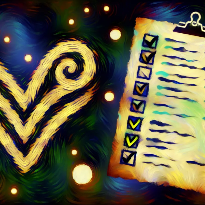 Close-up van een to-do lijst met een opvallend vinkje in de stijl van Vincent van Gogh, omringd door felle kleuren.