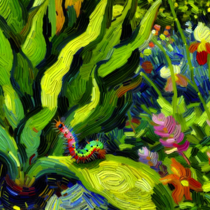 Een kleurrijke tuin met een kleine worm tussen groene bladeren