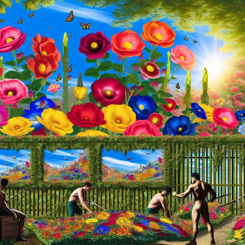 Kleurige bloemen bloeien in een serene tuin met een houten hek op de achtergrond.