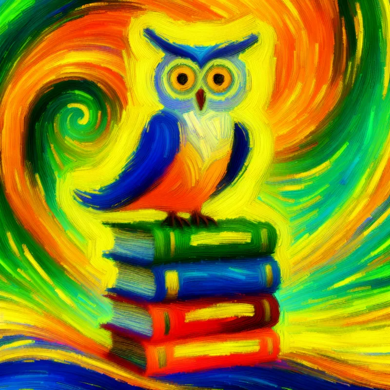 Abstracte afbeelding van een uil die op een stapel kleurrijke boeken zit, met grote ogen en een speelse uitdrukking, symboliserend wijsheid en kennis.