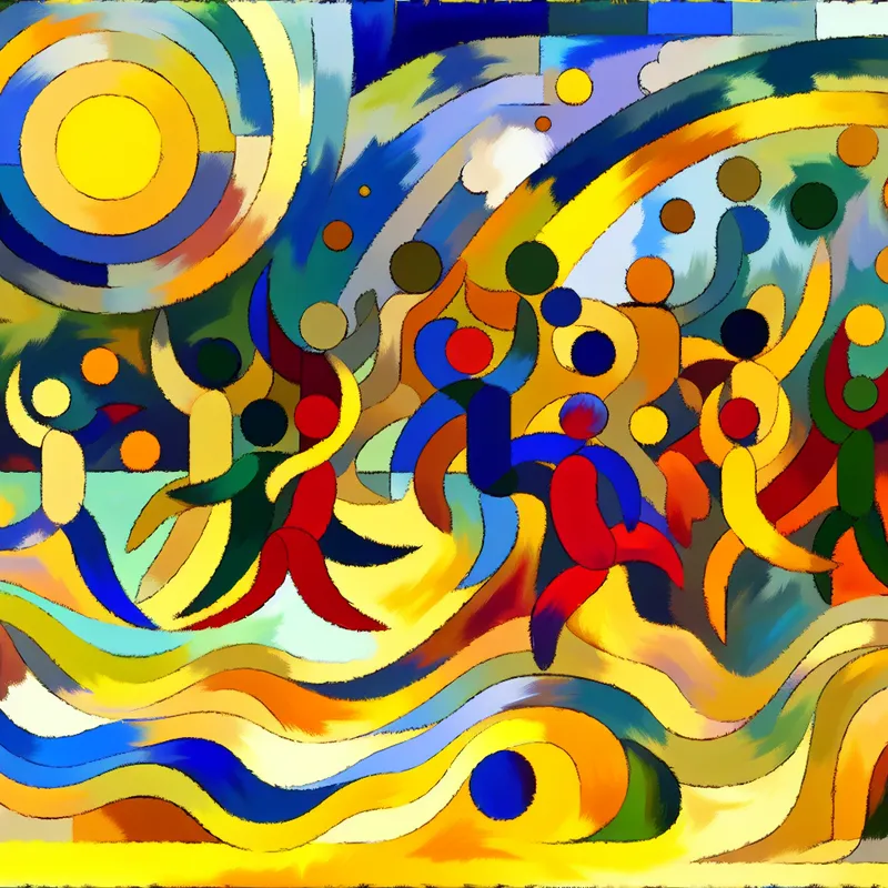 Abstracte illustratie van een levendige vakantiet herinnering met kleurrijke vormen en een zon