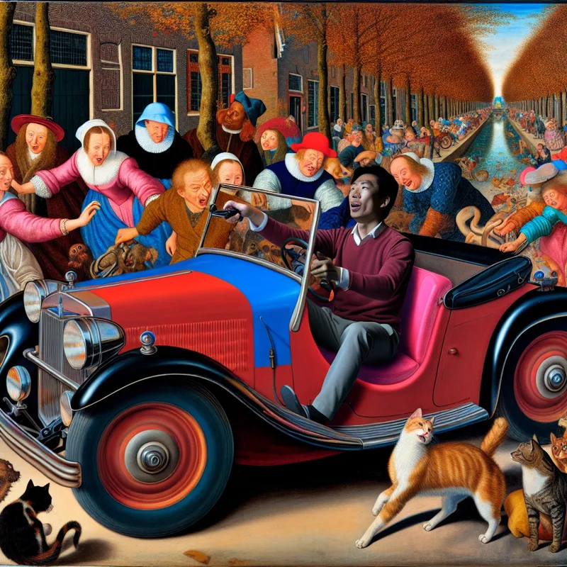 Persoon in kleurrijke, vintage auto die met enthousiasme de ontstekingssleutel draait.