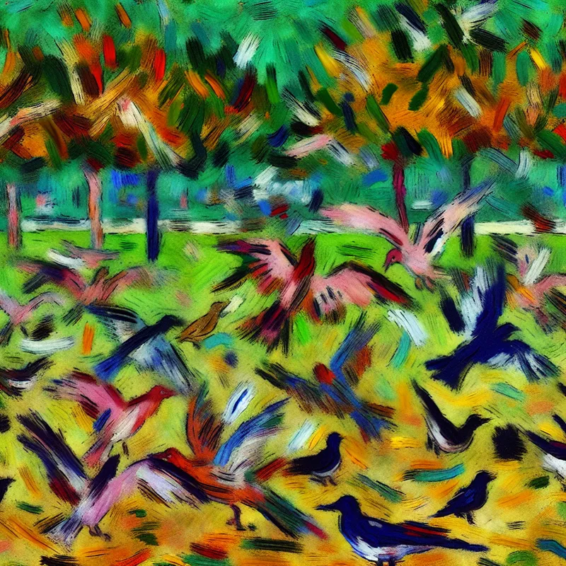 Abstract expressionistische afbeelding van een levendig park met vogels in de lucht