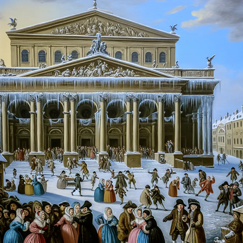 Een winterse scène van een drukke opera met mensen in elegante winterkleding.