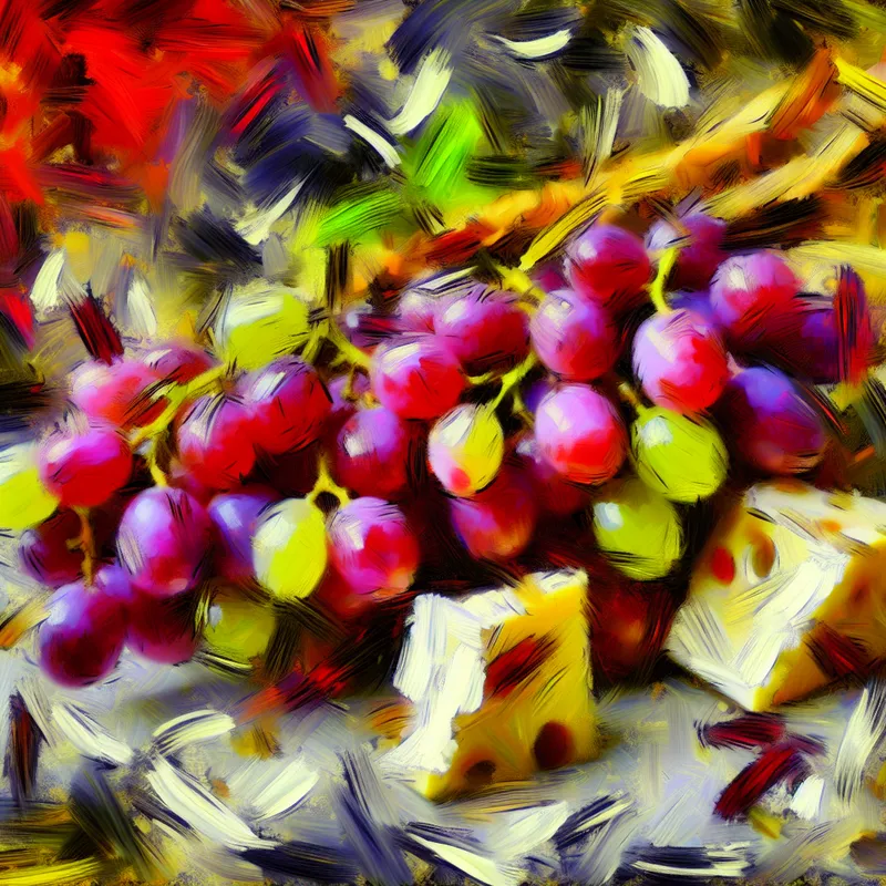 Abstracte expressieve afbeelding van kleurige druiven in trossen, omringd door kaas, weergegeven met energieke penseelstreken.