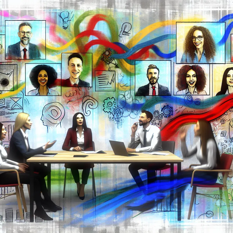 Dynamisch kantoor met een diverse groep mensen die deelnemen aan een videovergadering, met kleurrijke abstracte achtergronden die ideeën en brainstormprocessen symboliseren.