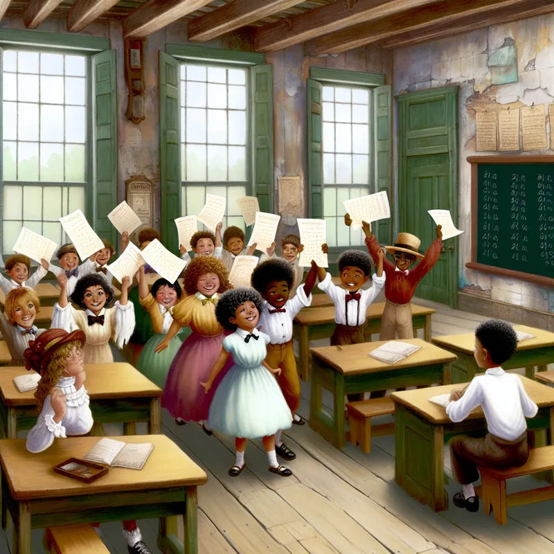 Antieke klaslokaalscene met kinderen die testresultaten vieren