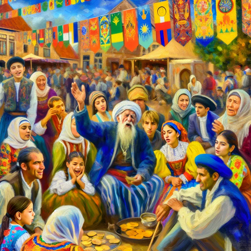 Een diverse groep mensen verzameld op een schilderachtige stadsplein, luisterend naar een oudere verteller, omgeven door kleurrijke vlaggen en traditionele eetkraampjes.