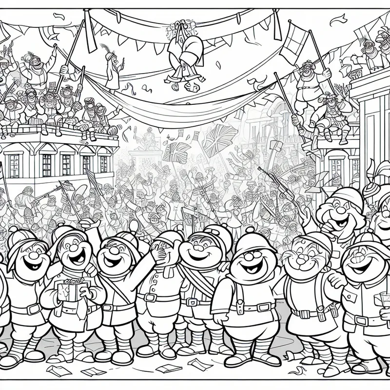 Vrolijke viering van overwinning na oorlog met antropomorfe dieren in een stadplein, confetti en vlaggen