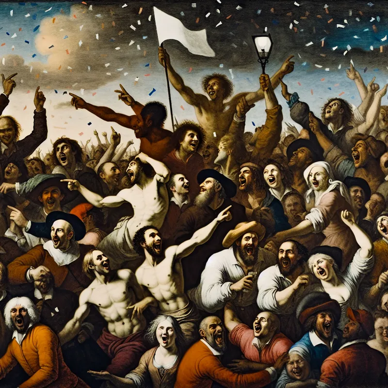 Groep enthousiaste supporters viert overwinning in stadion met vlaggen en spandoeken