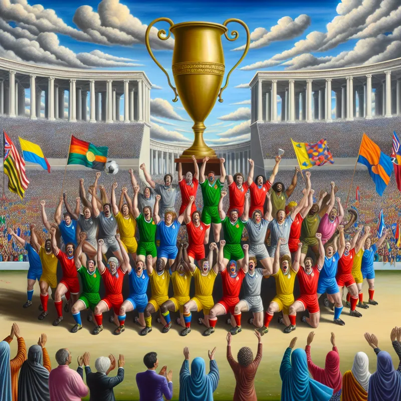 Een sportteam viert een belangrijke overwinning op een stadionveld, met een grote trofee in het midden en fans die juichen.