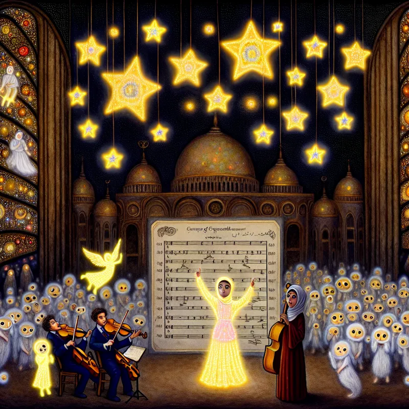 Surrealistisch tafereel in de stijl van Jheronimus Bosch met een feestelijke viering van uitmuntendheid, waar een meisje trots naast een stralend rapport met gouden sterren staat en hemelse muzikanten lichtgevende instrumenten bespelen