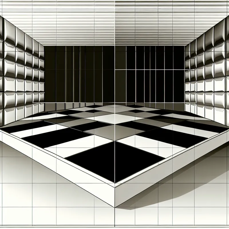 Illustratie van een geometrisch vierkant patroon op een vlakke vloer met zwart-witte vlakken, ter verduidelijking van de vorm 'vierkant'