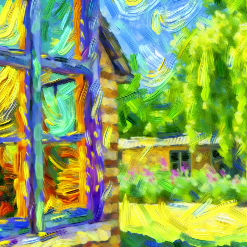 Een schilderachtige afbeelding van een huis met vieze ramen, die het concept van 'raam' illustreert. De focus ligt op de smoezelige glazen die het licht op een dynamische manier weerkaatsen, in de stijl van Vincent van Gogh.