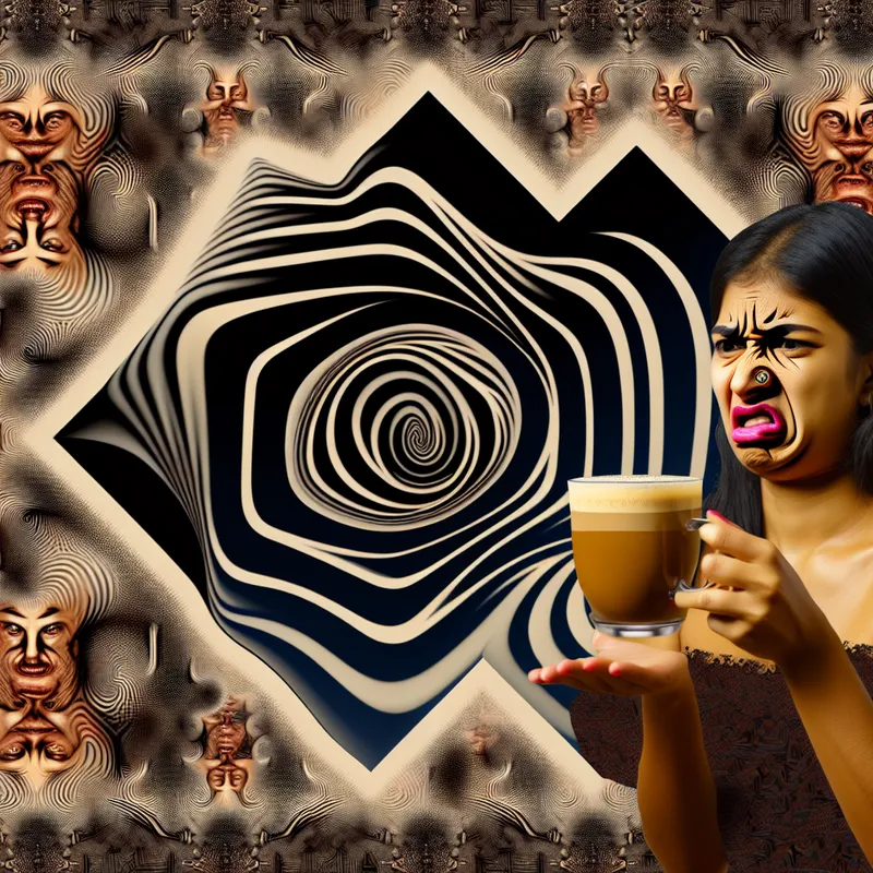 Surrealistische afbeelding van een persoon met een walgende uitdrukking die een kop koffie vasthoudt die verandert in een onmogelijke geometrische vorm met bittere golven en vieze geuren