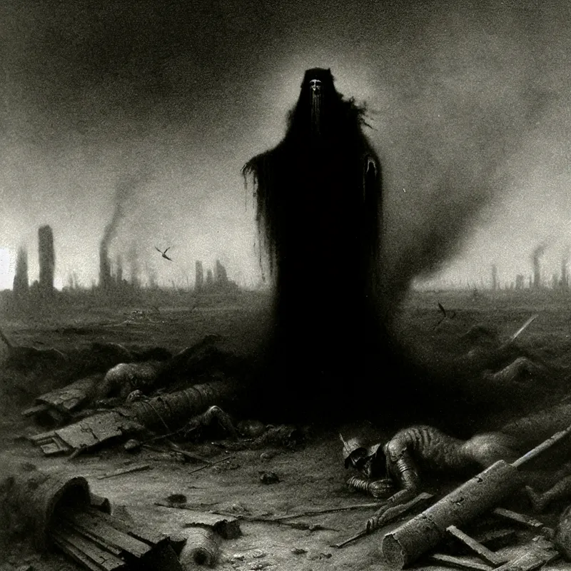 Een schimmige figuur in donkere gewaden staat op een verwoest oorlogslandschap, omringd door tekenen van destructie.