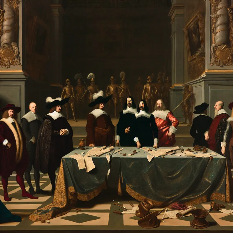 Klassieke schilderij van een gespannen diplomatieke bijeenkomst die vijandschap tussen naties symboliseert, met gebroken verdragen en dreigende schaduwen op de achtergrond