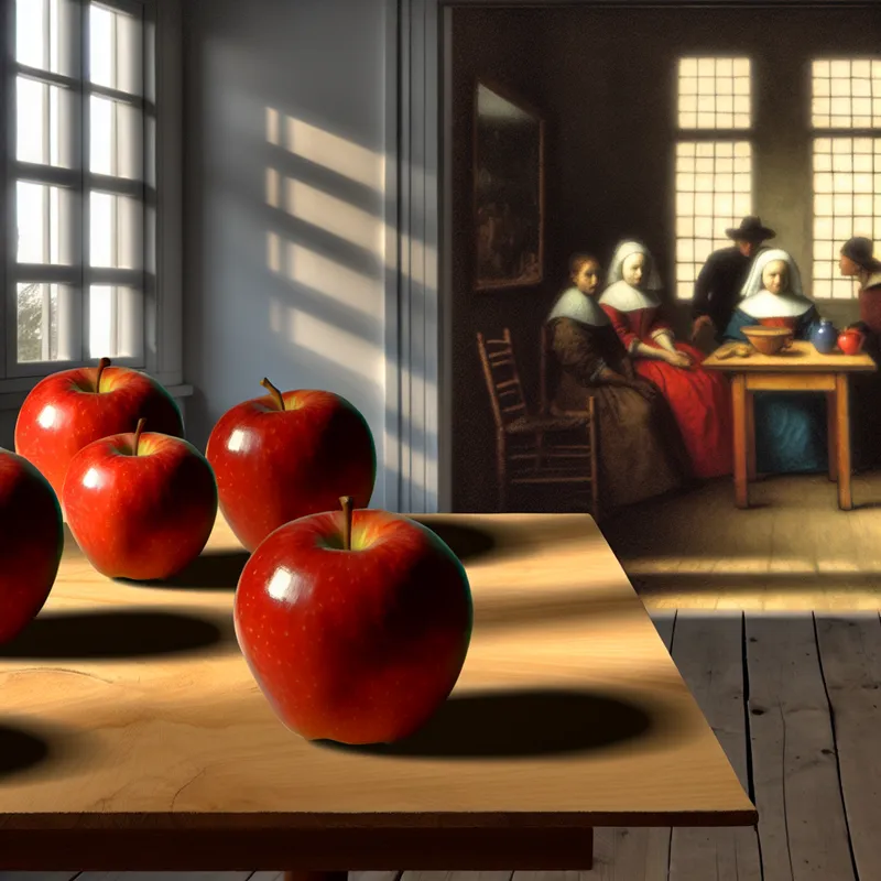 Een serene interieur met vijf rode appels op een houten tafel en vijf personen die in gesprek zijn.