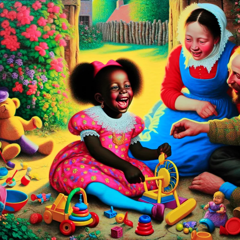 Een blije vijfjarige meisje speelt met kleurrijke speelgoed in een zonnige tuin, omringd door bloemen en haar trotse ouders.