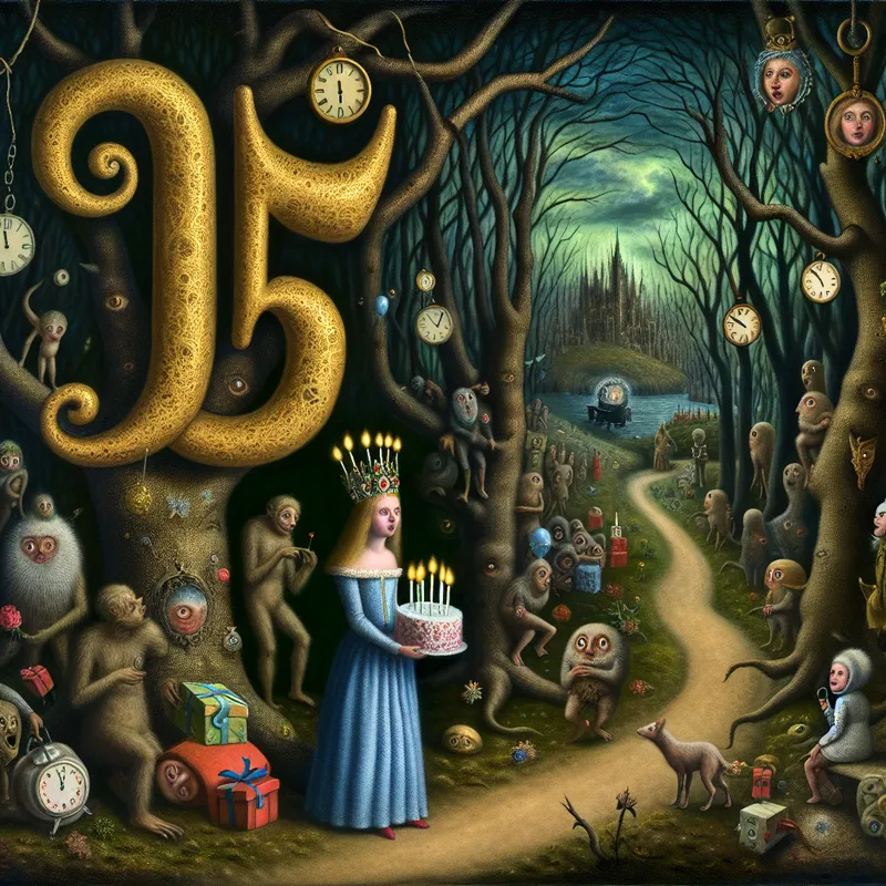Surrealistisch verjaardagsfeest voor een vijftienjarig meisje in de stijl van Hieronymus Bosch, met zwevende cijfers, fantasiewezens en mysterieuze details