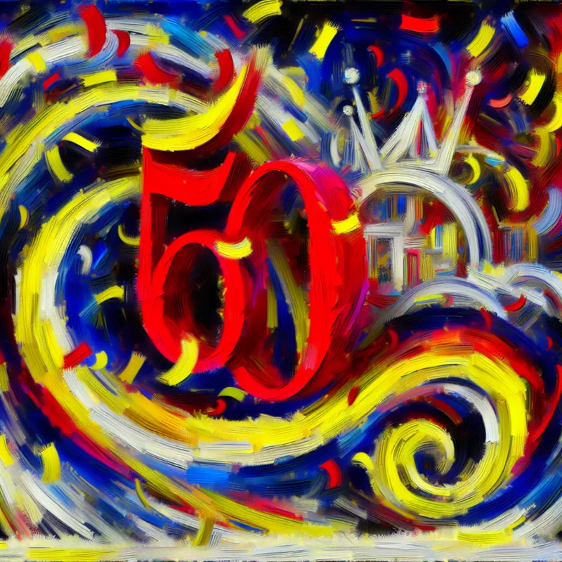 Abstract expressionistisch kunstwerk met het getal 50, confetti en symbolen van een jubileum, geïnspireerd op Willem de Kooning