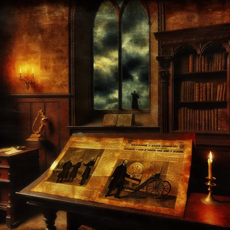 Open vintage krant met een werkaanbieding op een mahoniehouten bureau in een sfeervol kantoor.