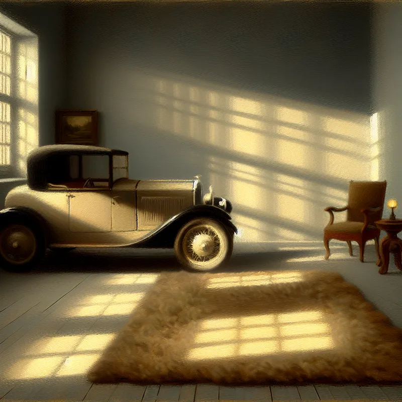 Een vintage auto in een serene kamer met diffuus licht, omringd door gezellig meubilair