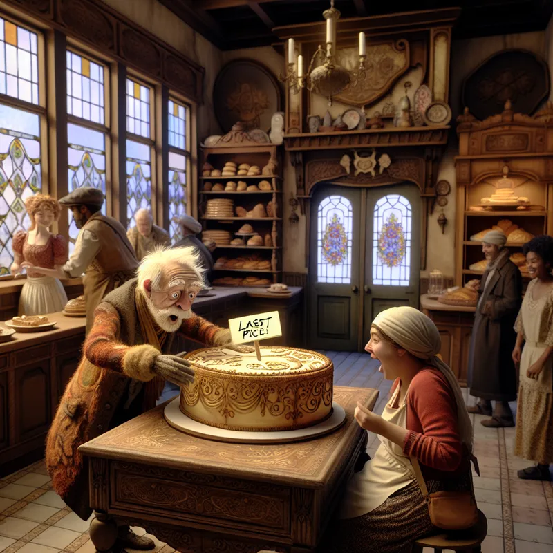 Een verraste oudere man ontvangt het laatste stuk taart van een blije jonge vrouw in een vintage bakkerij.