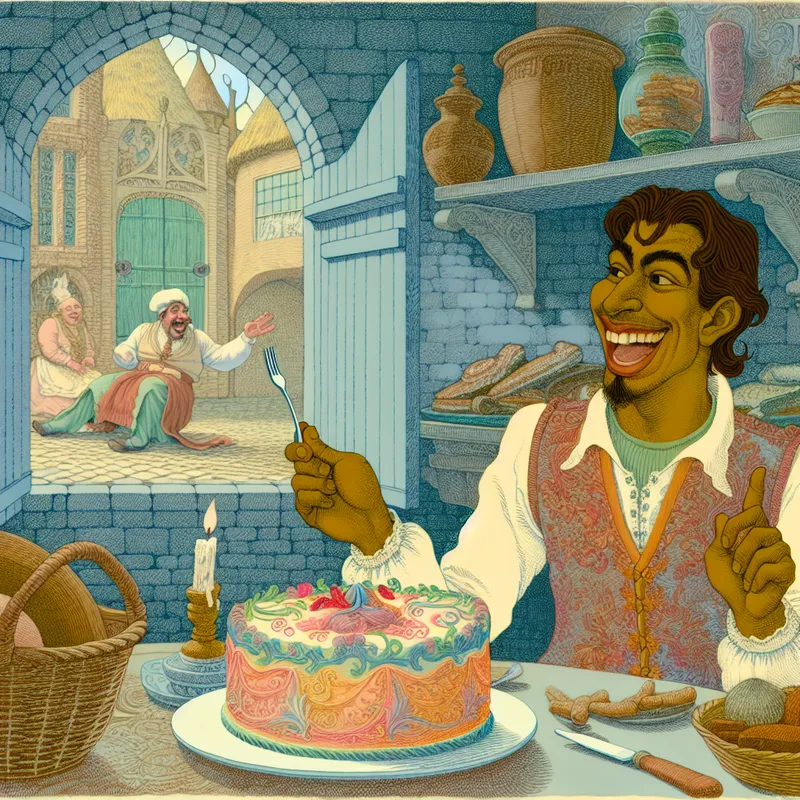 Een vrolijke persoon in een vintage bakkerij die enthousiast wijst naar een mooi versierde taart.