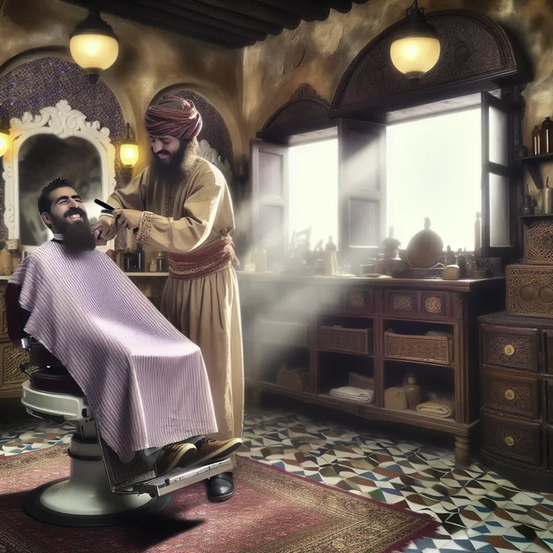 Een vintage barbershop met een traditionele barbier die voorzichtig een baard trimt met een straight razor, terwijl een glimlachende man in een antieke stoel zit.