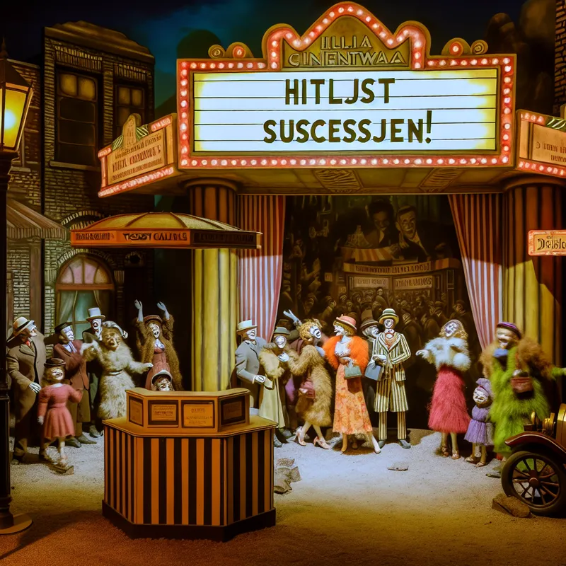 Vintage bioscoop ingang met het bord 'Hitlijst Successen!', mensen in de rij met tickets