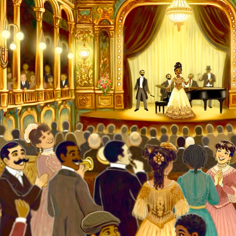 Een elegante zangeres op het podium van een vintage concertzaal, omringd door een vrolijk publiek dat geniet van de show