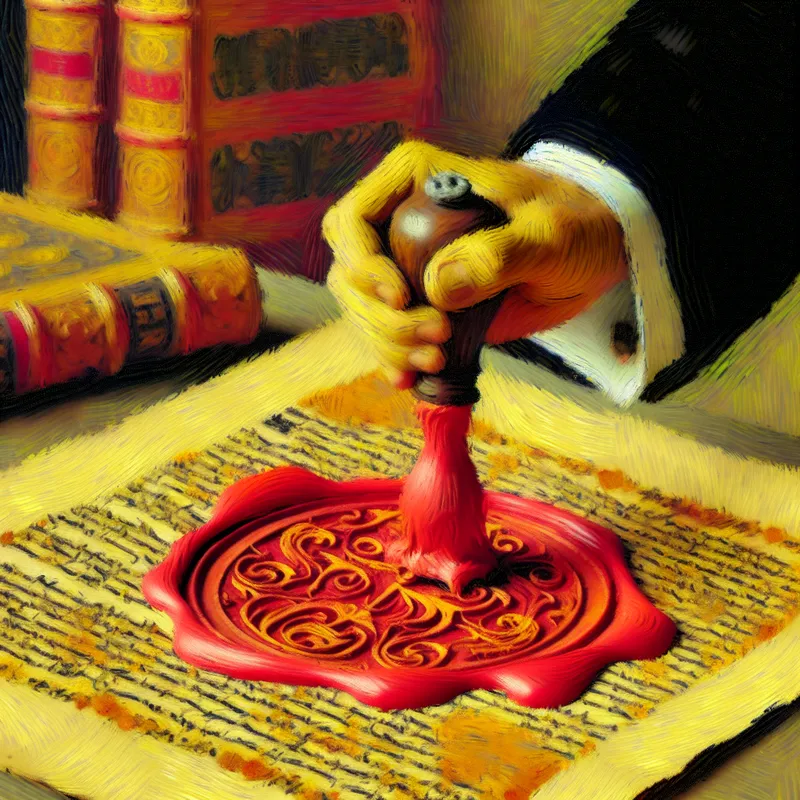 Close-up van een vintage document met een waszegel, voorzien van elegante kalligrafie en ornamenten.