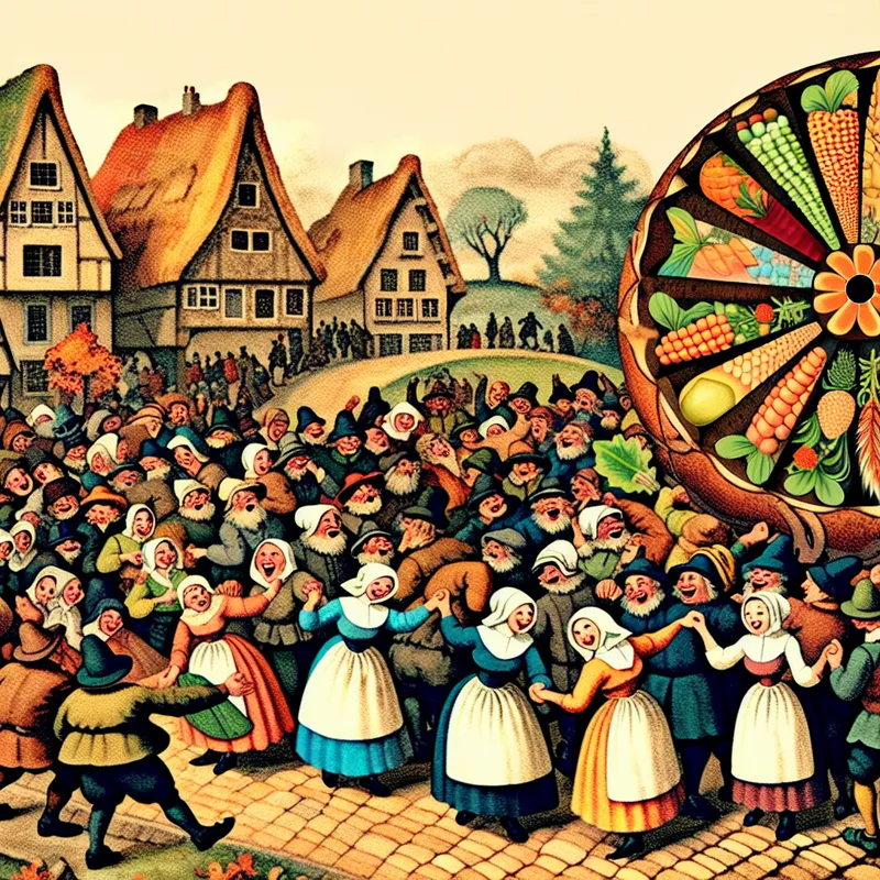 Vintage-stijl illustratie van een dorpsloterij met mensen rond een kleurrijk loterijwiel