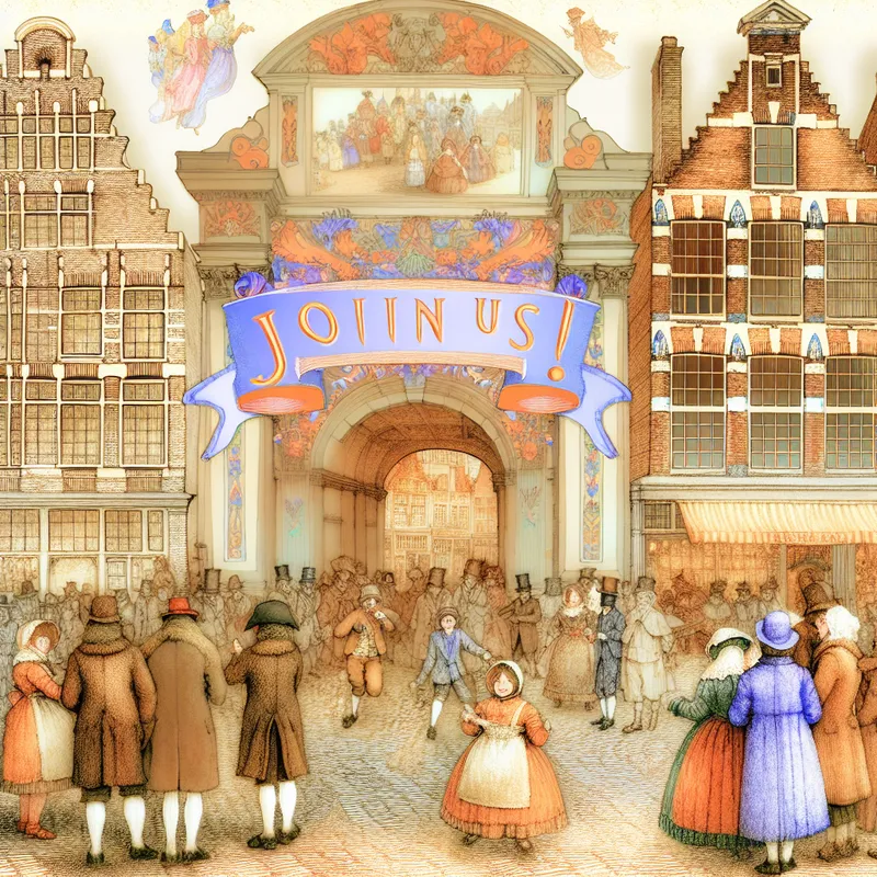 Drukke vintage dorpsplein met mensen in 19e-eeuwse kleding die spellen spelen en praten.