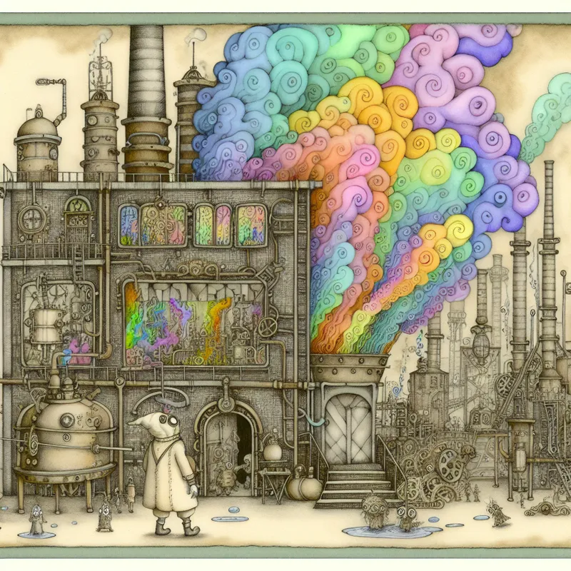 Een vintage fabriek met giftige dampen die omhoog stijgen, een personage in beschermende kleding kijkt voorzichtig naar de kleurrijke dampen.