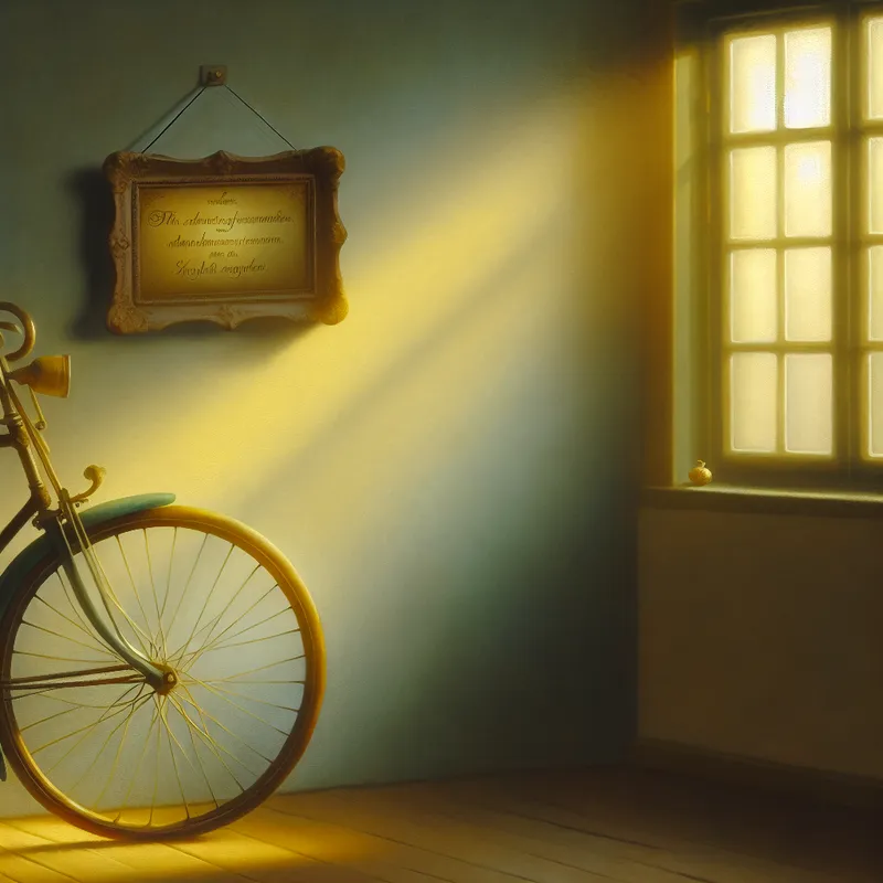 Een vintage fiets leunend tegen de muur met zacht diffuus licht dat door het raam filtert, met een label dat zegt 'Deze fiets is van mijn zus.'