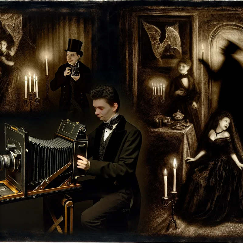 19e-eeuwse fotograaf maakt een mysterieuze foto van een bruidspaar in donkere, romantische setting met oude camera