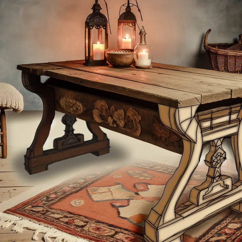 Een prachtig houten tafel met intrigerende details en een vaste ondersteuning, in een gezellige, vintage stijl van Anton Pieck, geplaatst in een nostalgische kamer.