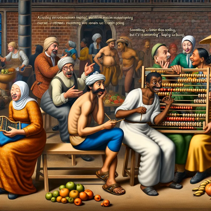 Groep vintage-investeerders in een levendige markt, die hun minimale investeringen discuteren met een abacus en grafieken.